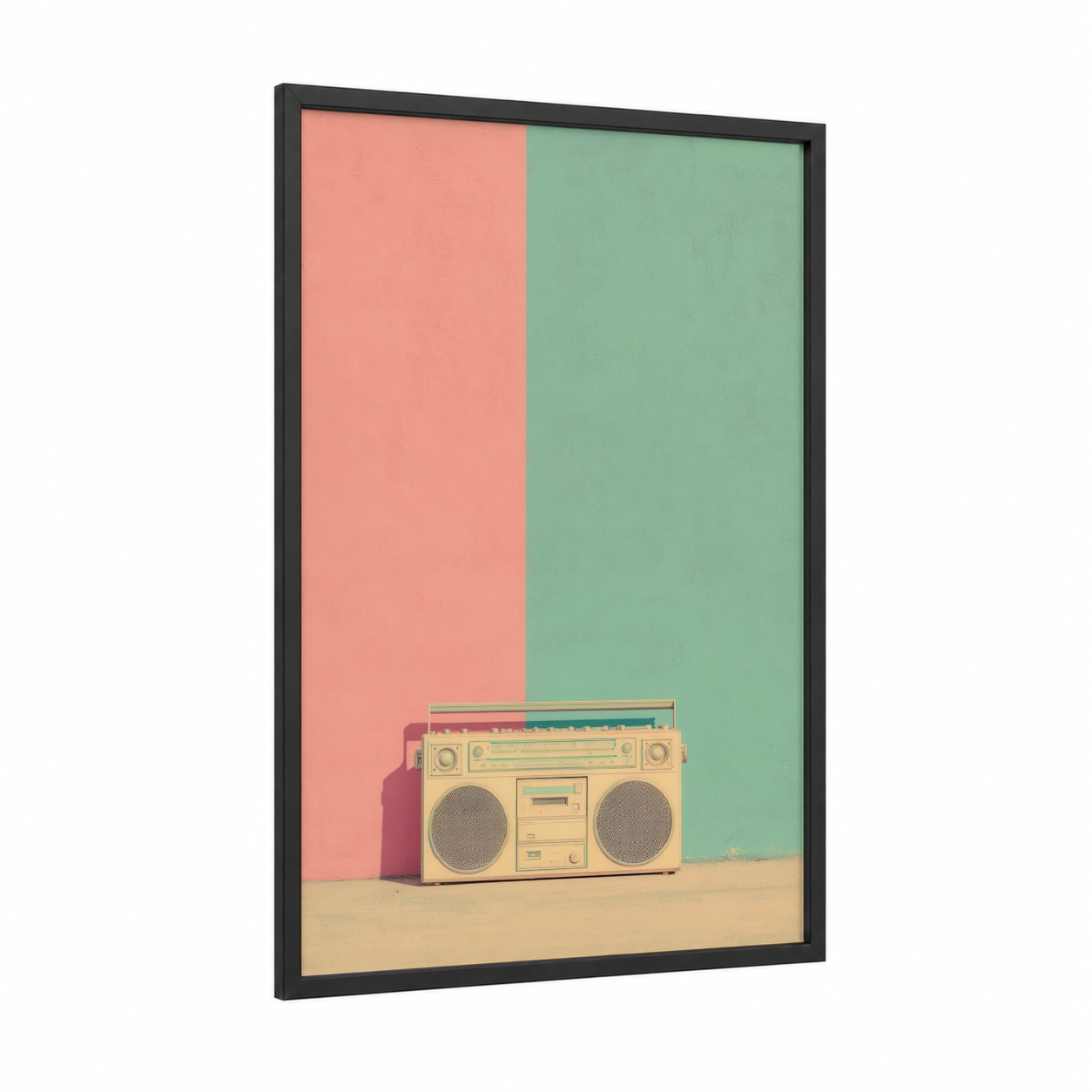 Retro Boombox framed art print — black wood frame — peach and sage green palette