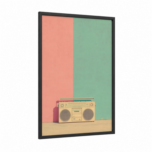 Retro Boombox framed art print — black wood frame — peach and sage green palette