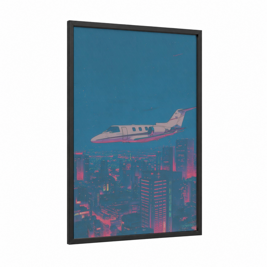 Neon Jet framed private jet print — black wood frame — teal and magenta palette