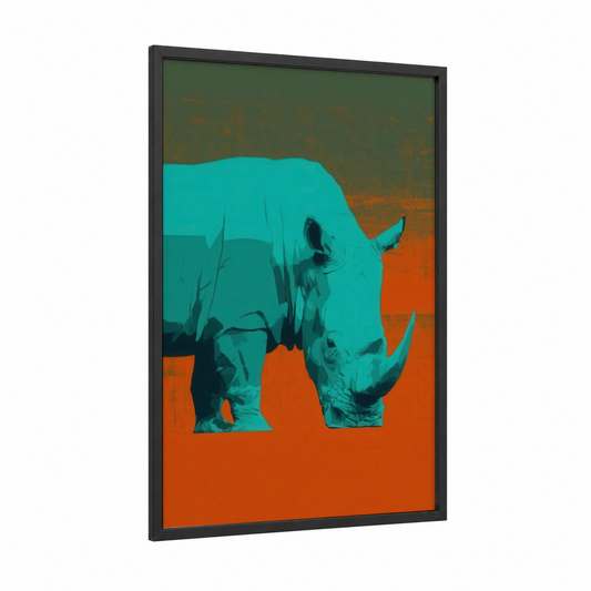 Turquoise Rhino framed art print — black wood frame — teal and orange palette