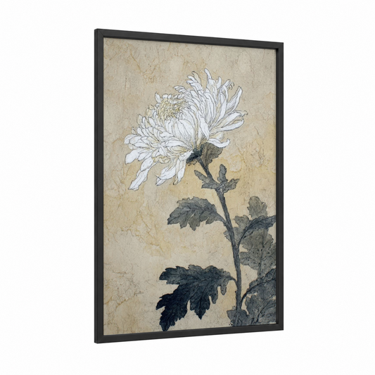 Vintage Chrysanthemum framed art print — black wood frame — beige and gray palette