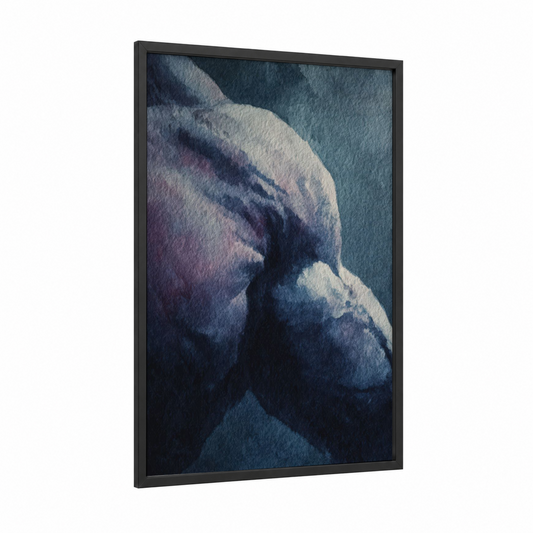 Muscular Strength framed bodybuilding print — black wood frame — blue and purple palette