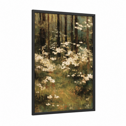 Forest Dogwood framed art print — black wood frame — white and dark green palette