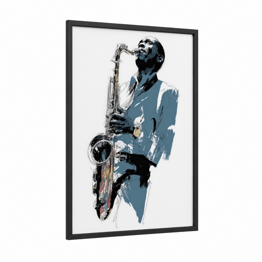 Saxophonist Blues framed musician print — black wood frame — blue and white and black and white palette