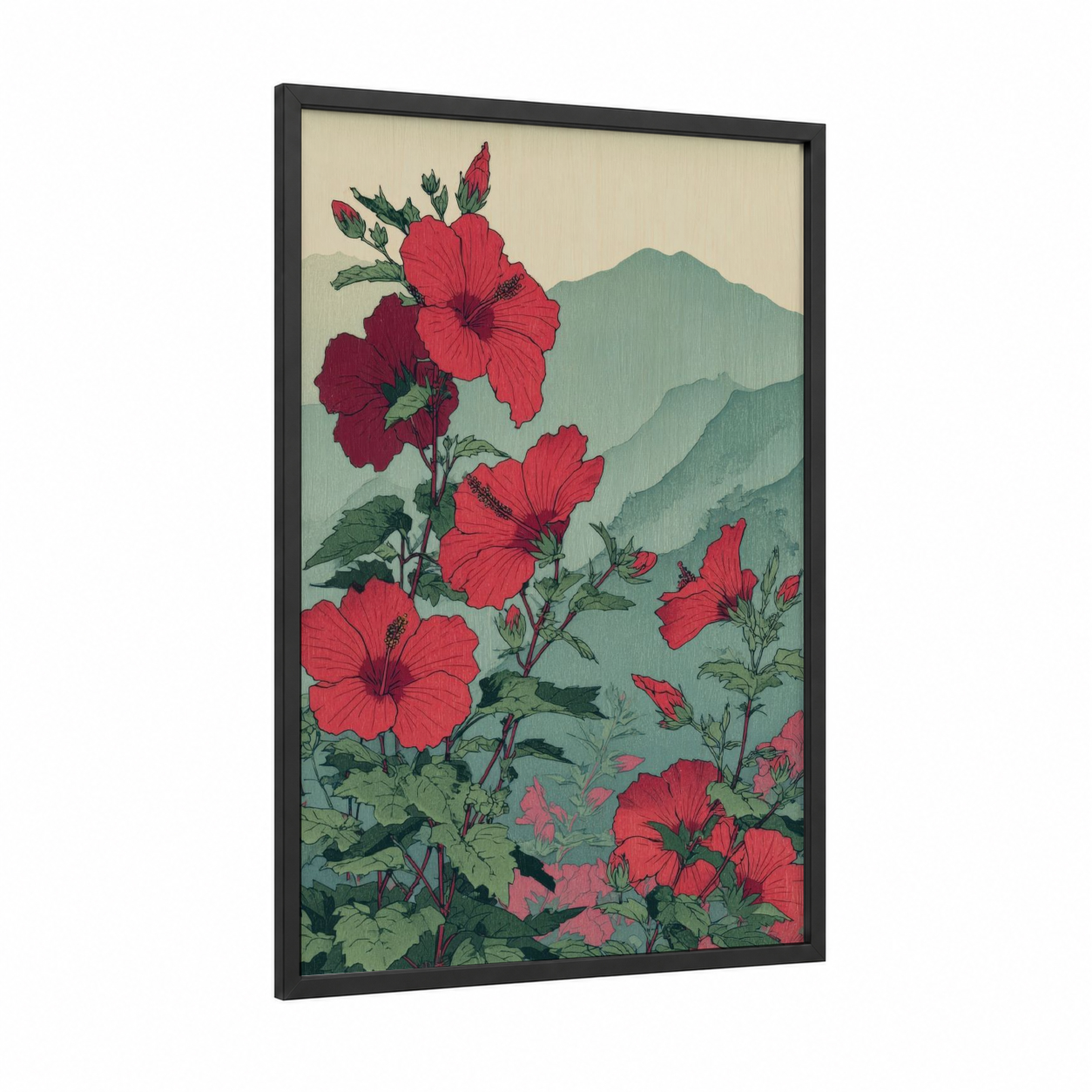 Mountain Hibiscus framed art print — black wood frame — red and teal palette