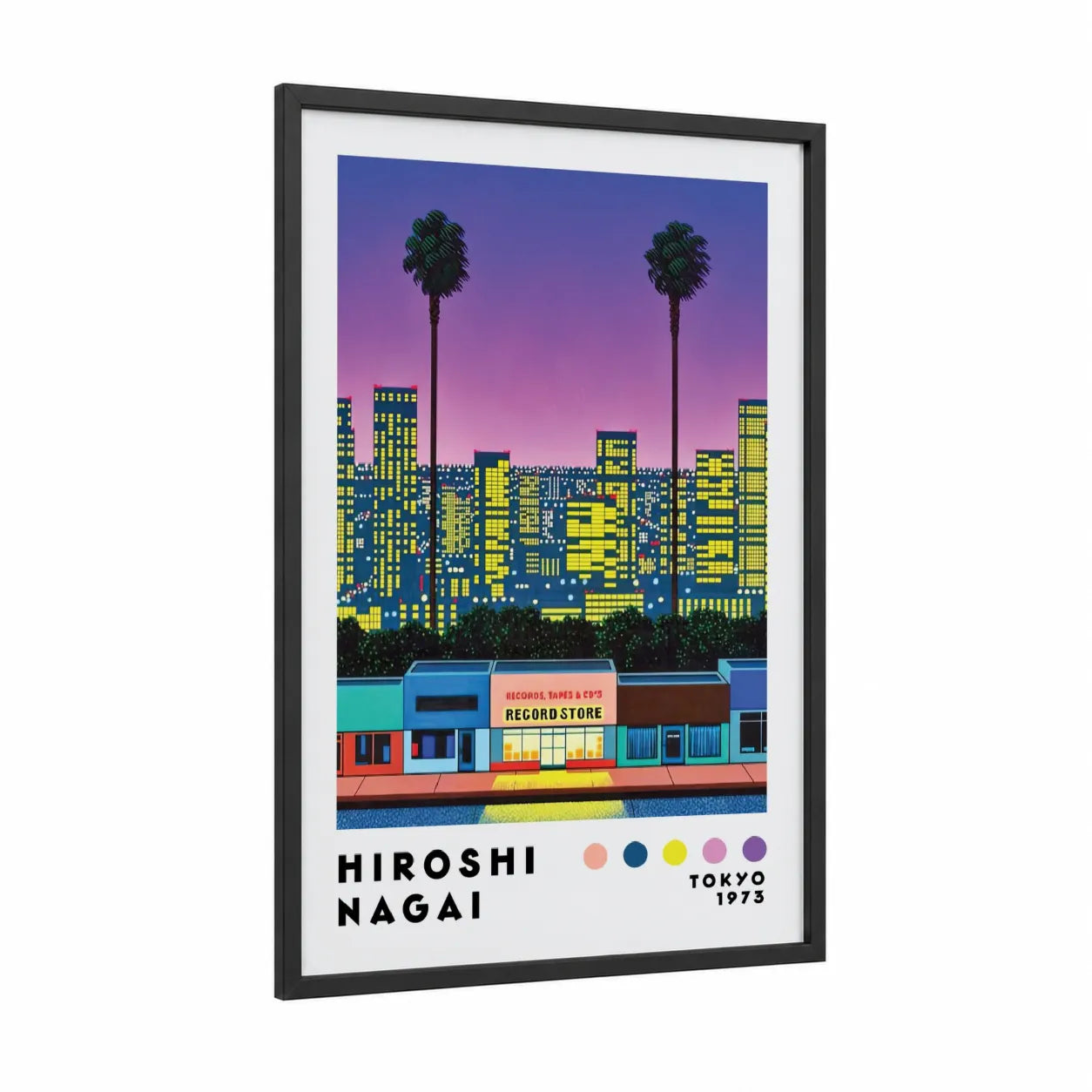 Retro Tokyo Record Store Cityscape Wall Art framed skyscraper print — black wood frame — purple and blue palette