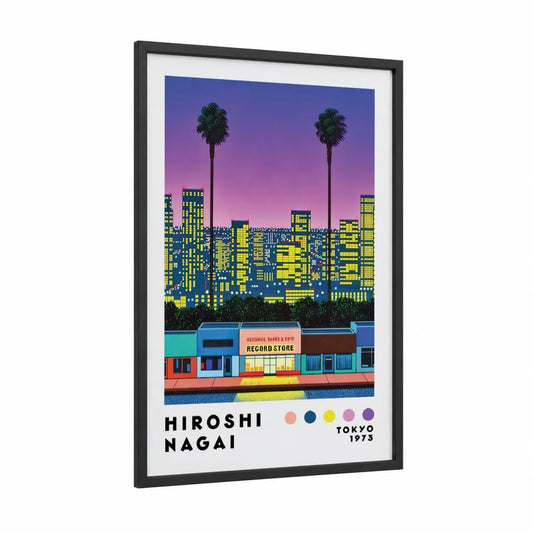 Retro Tokyo Record Store Cityscape Wall Art framed skyscraper print — black wood frame — purple and blue palette
