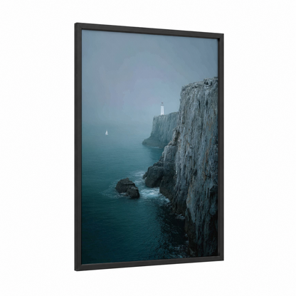 Coastal Cliff Lighthouse framed art print — black wood frame — teal and gray palette