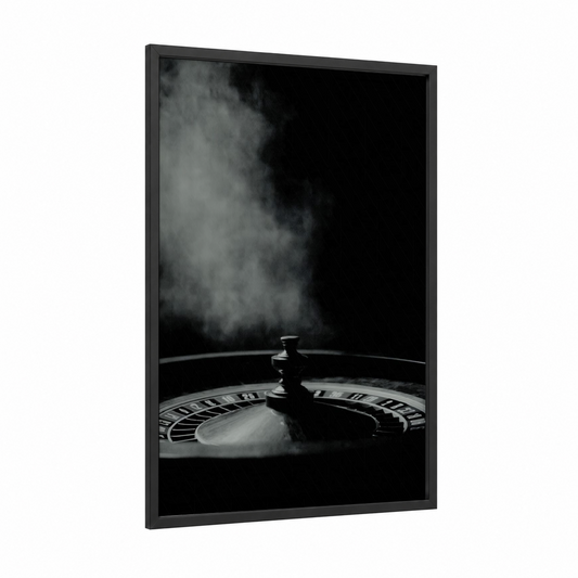 Noir Roulette framed art print — black wood frame — black and white and gray palette