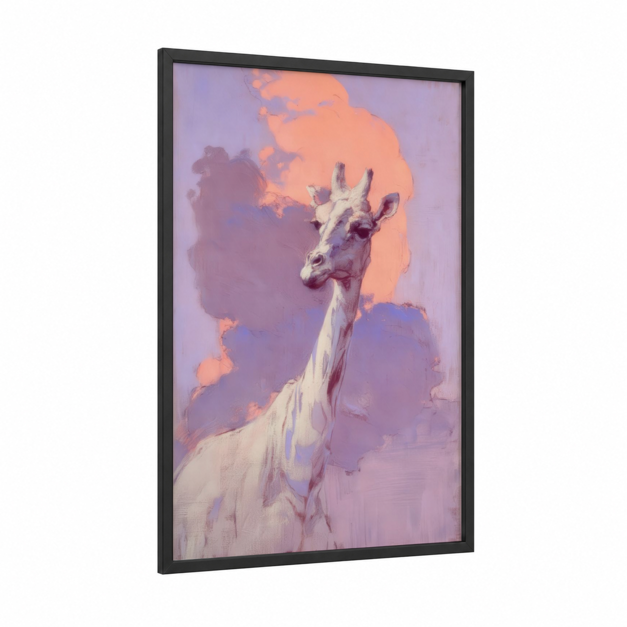 Sunset Giraffe framed art print — black wood frame — peach and lavender palette