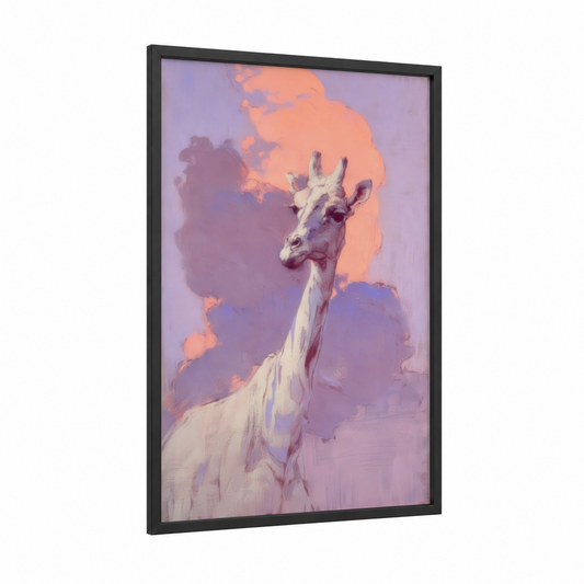 Sunset Giraffe framed art print — black wood frame — peach and lavender palette
