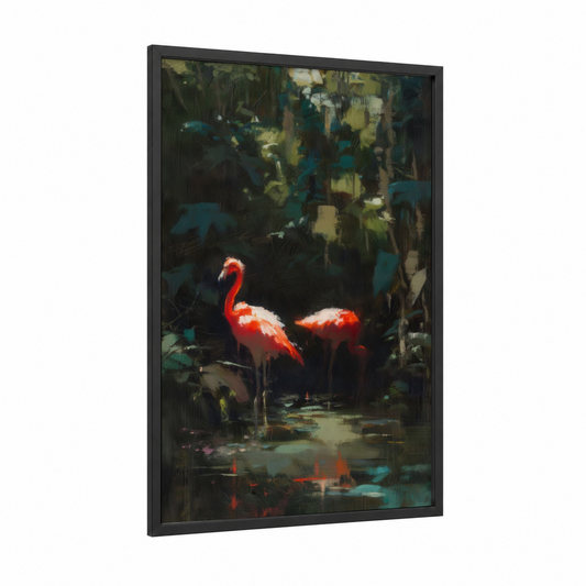 Luminous Flamingo framed art print — black wood frame — red and dark green palette