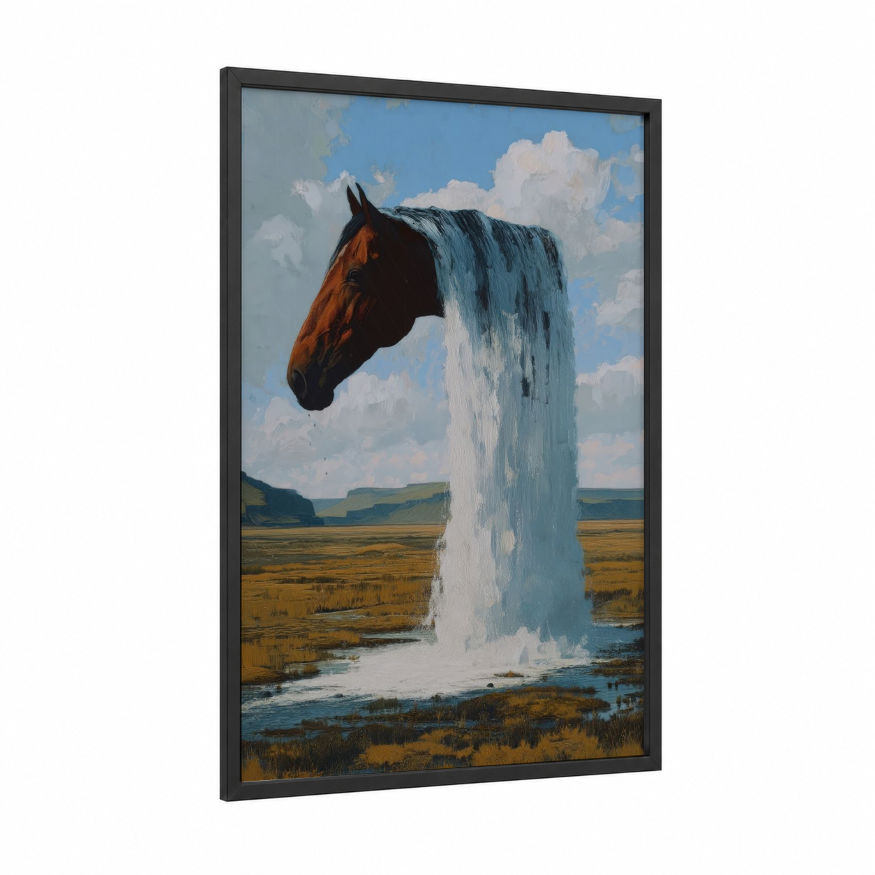Majestic Ice Horse framed thoroughbred horse print — black wood frame — blue and gold palette