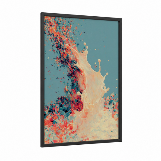 Milk Splash Burst framed art print — black wood frame — teal palette