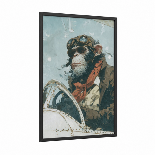 Aviator Chimp framed chimpanzee print — black wood frame — light green and brown palette