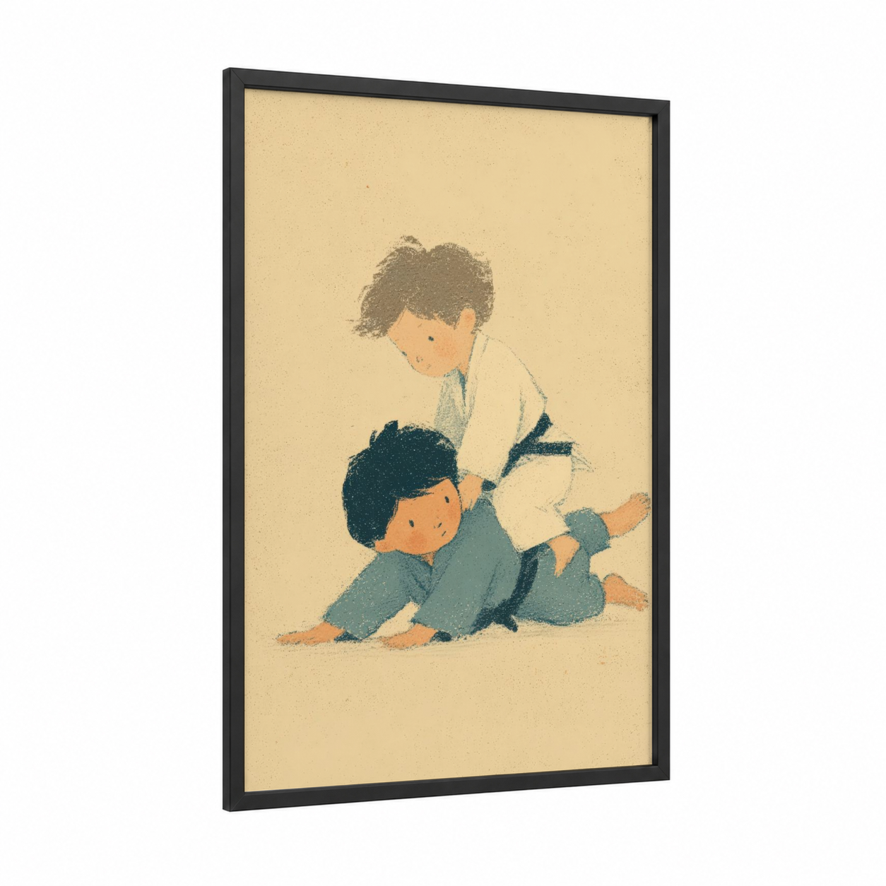 Gentle Judo Lesson framed art print — black wood frame — cream and teal palette