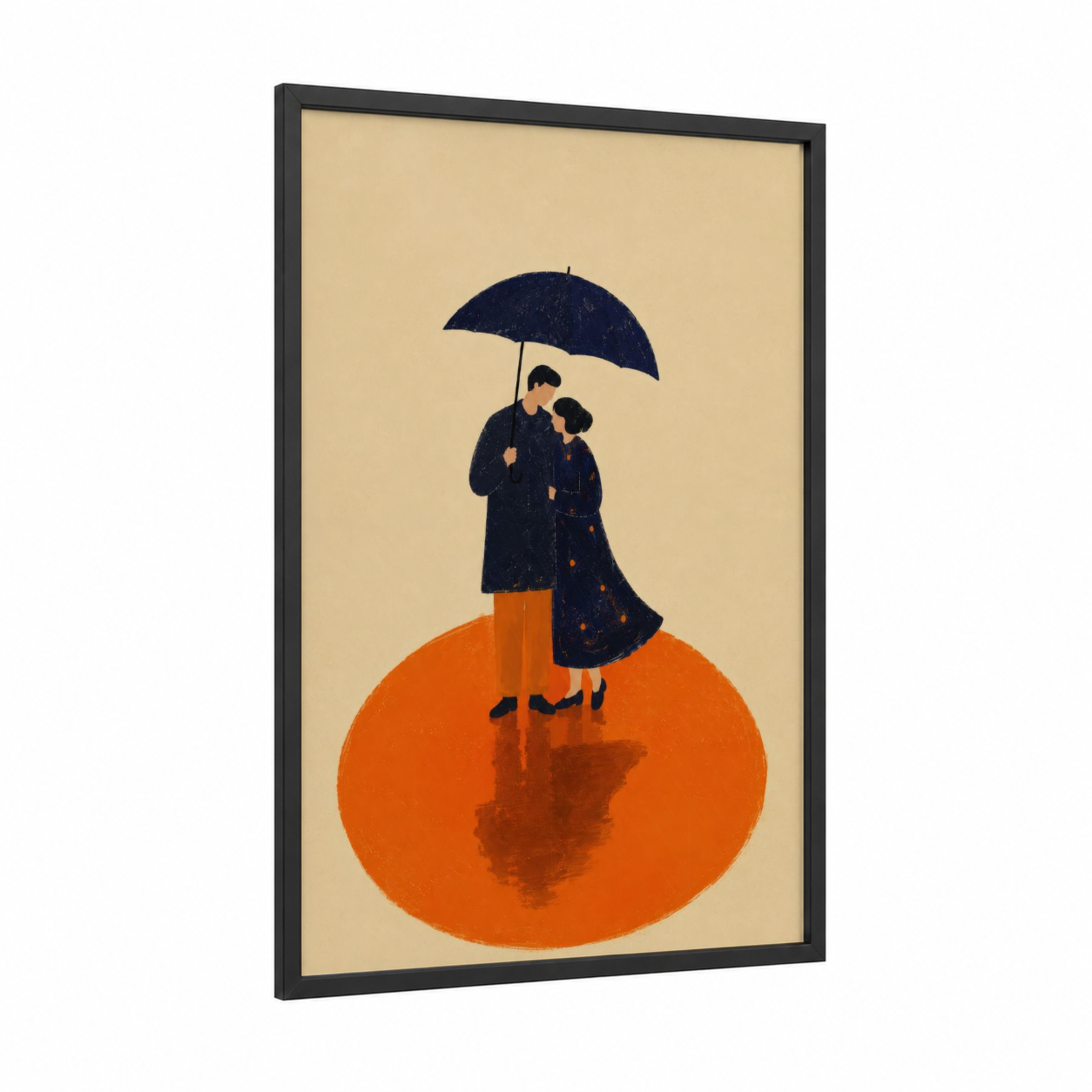 Couple Under Umbrella Minimalist Wall Art framed art print — black wood frame — orange and beige palette