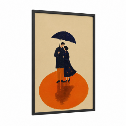 Couple Under Umbrella Minimalist Wall Art framed art print — black wood frame — orange and beige palette
