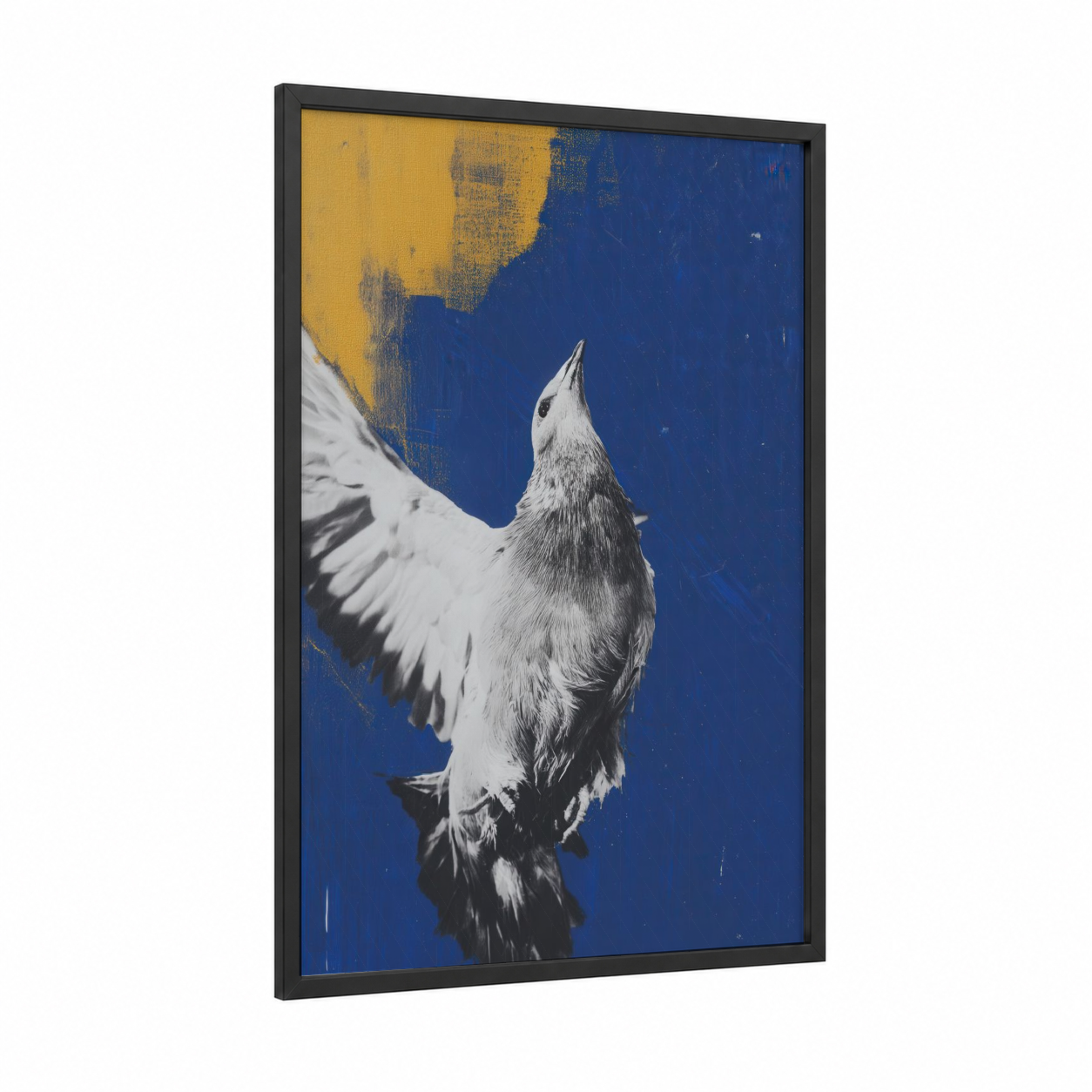 Ascending Pigeon framed art print — black wood frame — royal blue and gold palette
