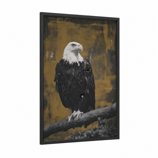 Golden Eagle Portrait framed art print — black wood frame — gold and black and white palette