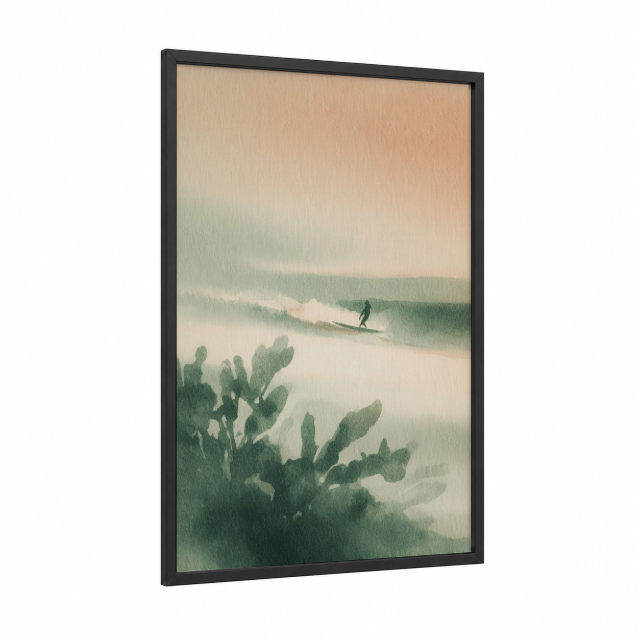 Misty Wave Surfer framed water surfing print — black wood frame — sage green and cream palette