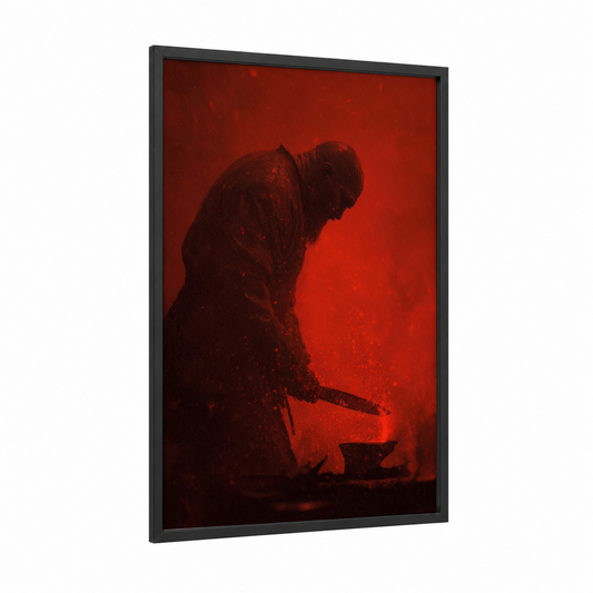 Crimson Forge Orc framed art print — black wood frame — red and black and red palette