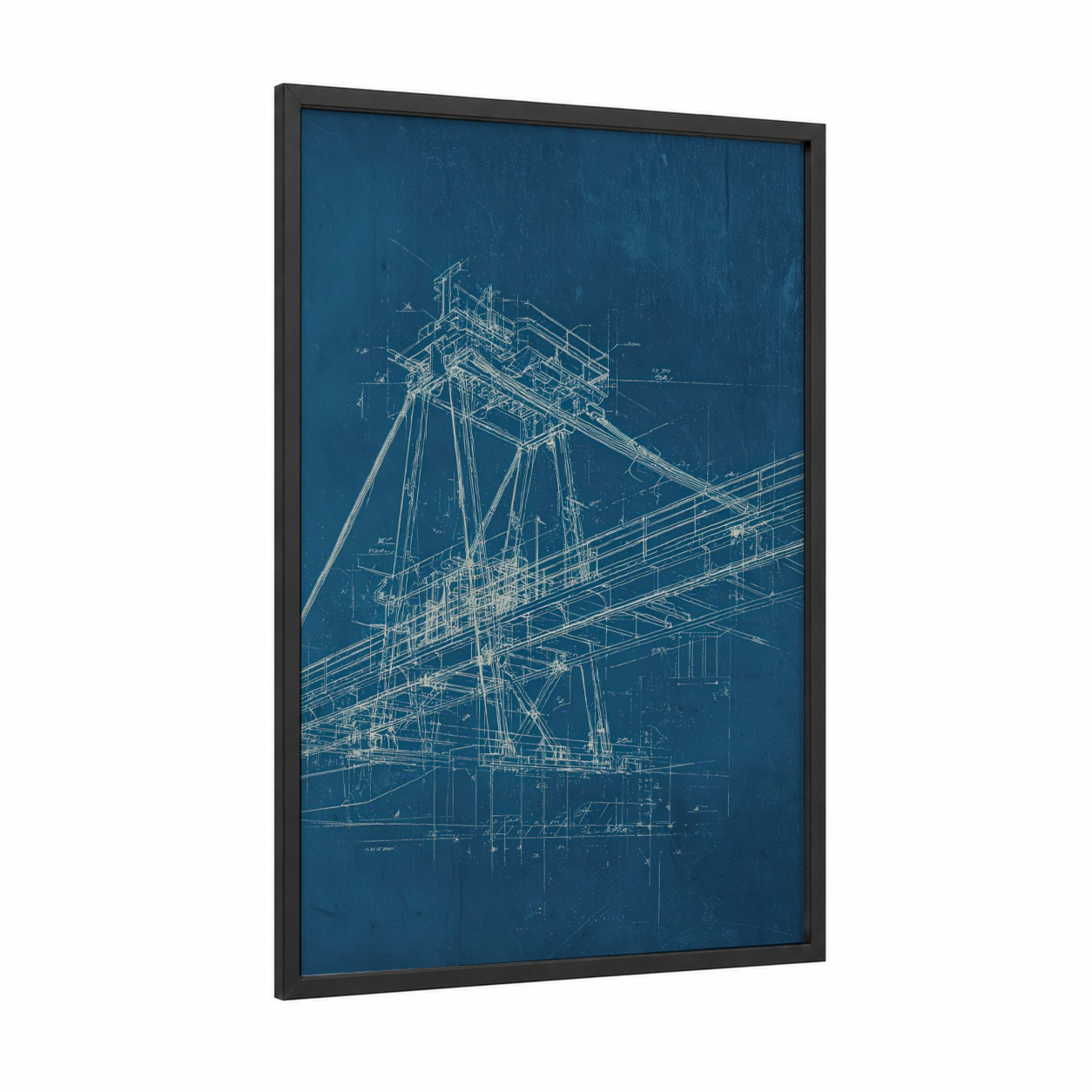 Blueprint Infrastructure framed road and highways print — black wood frame — blue and white palette