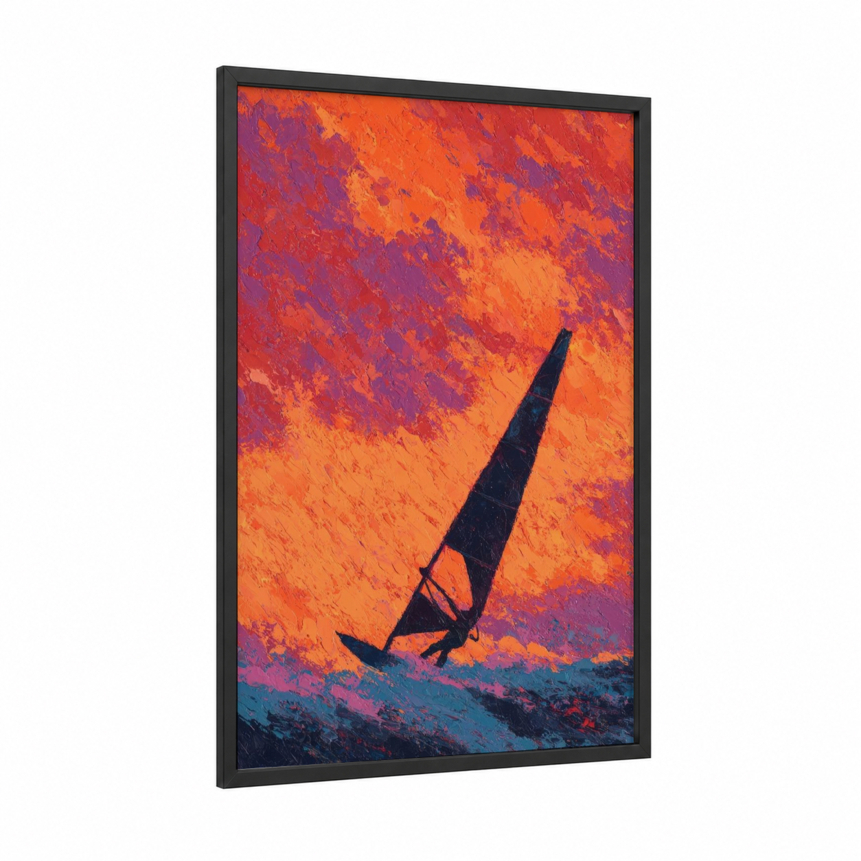 Sunset Windsurfer framed windsurfing print — black wood frame — orange and purple palette