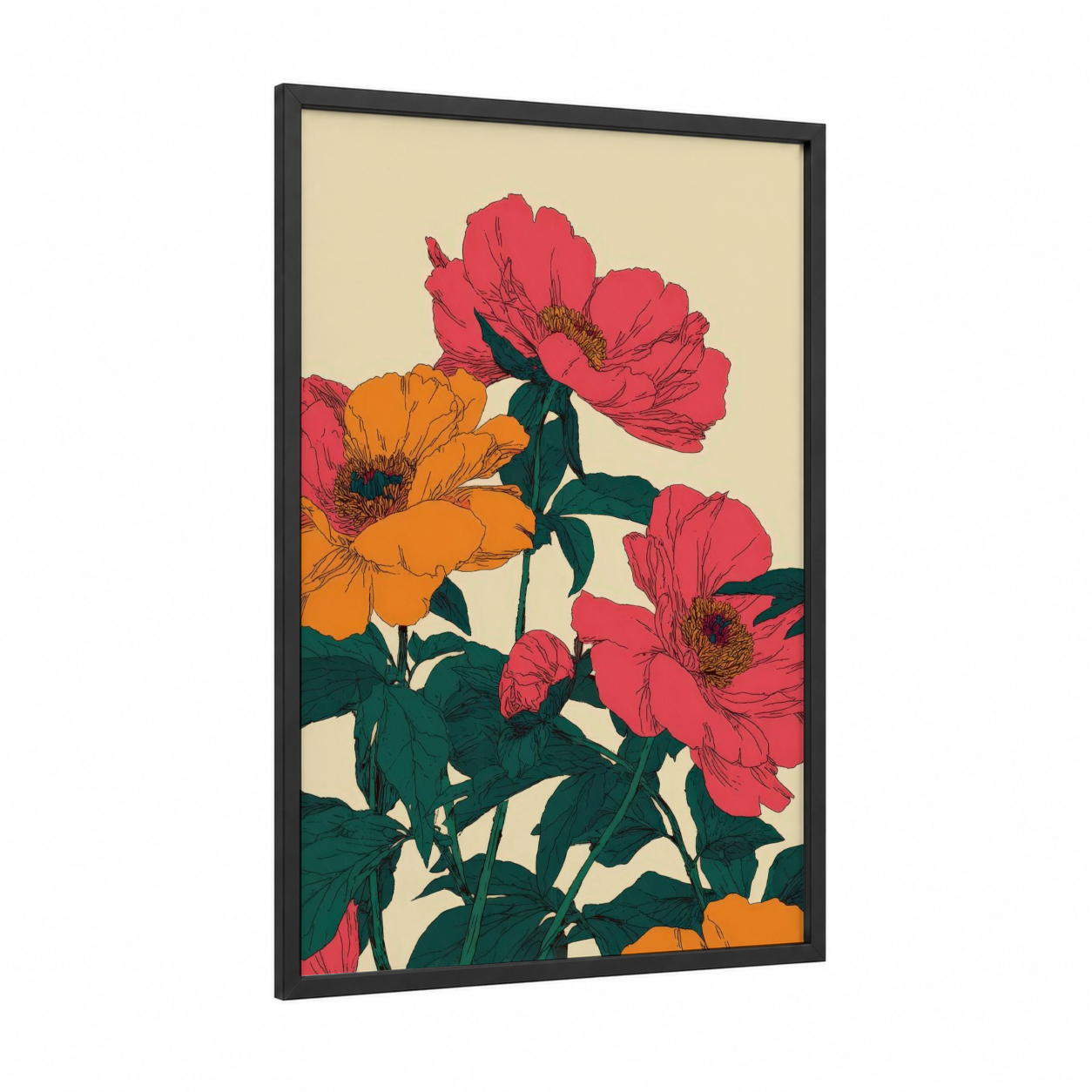 Vibrant Peony Cluster framed art print — black wood frame — red and orange palette