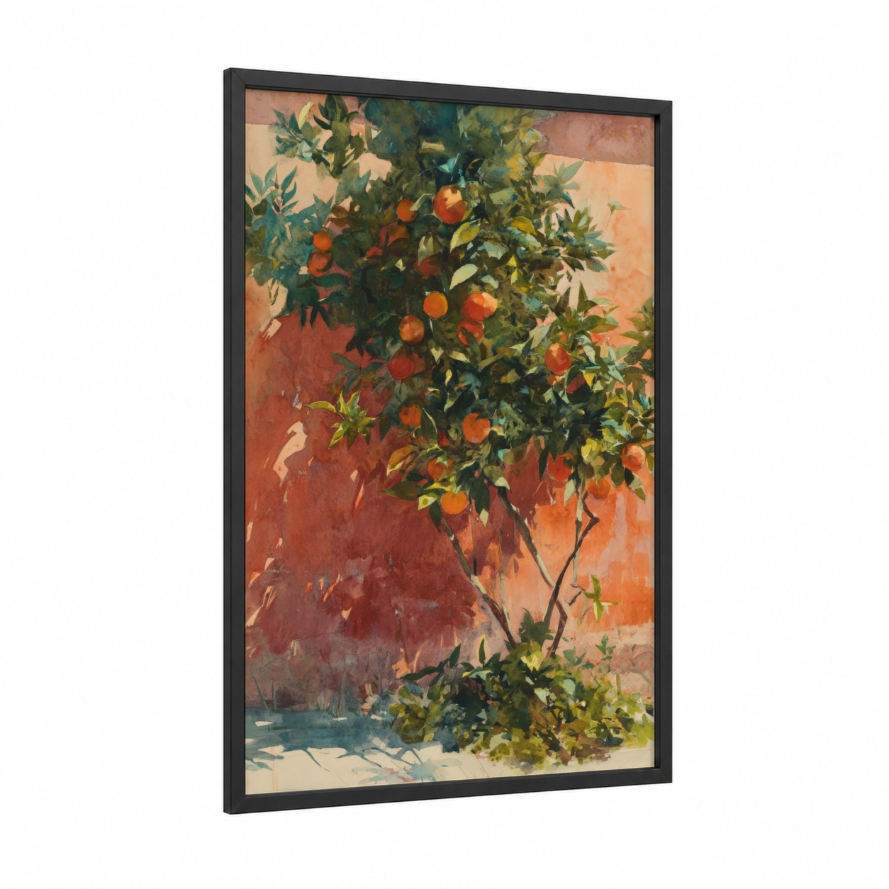 Citrus Harvest framed fruit trees print — black wood frame — gold and orange palette