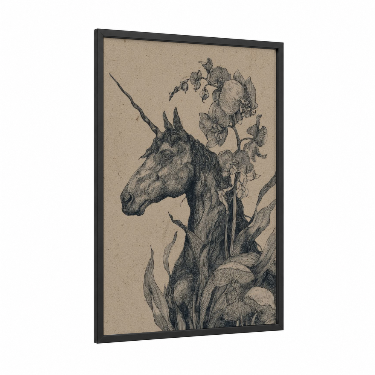 Botanical Unicorn framed unicorns print — black wood frame — black and white and beige palette