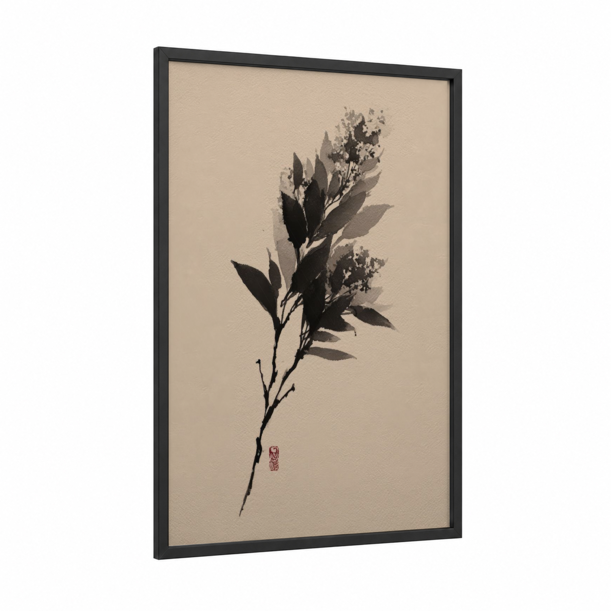 Shadow Lilac framed art print — black wood frame — black and white and beige palette