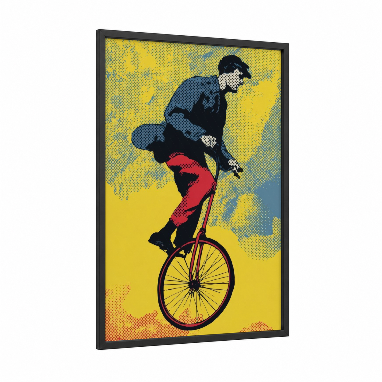 Acrobatic Unicyclist framed unicycle print — black wood frame — yellow and blue palette