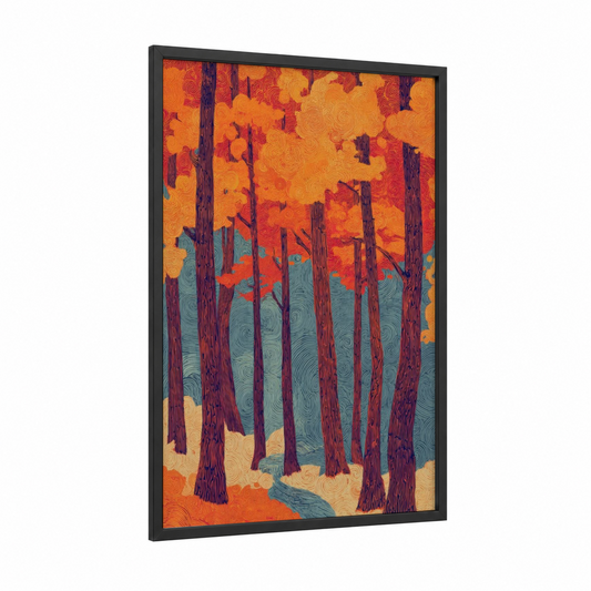 Autumn Forest Glow framed art print — black wood frame — gold and teal palette