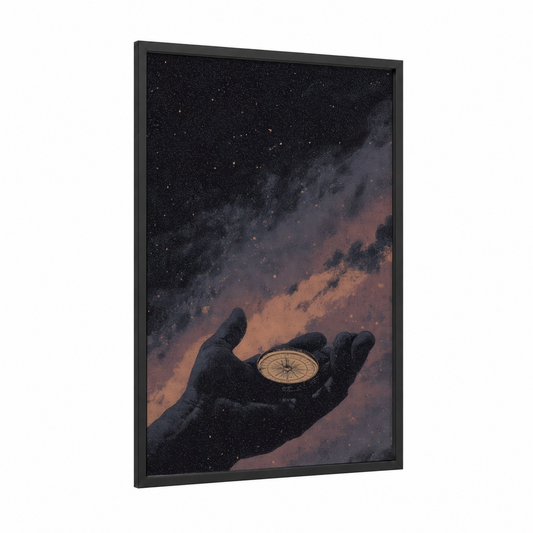 Cosmic Compass framed art print — black wood frame — black and peach palette