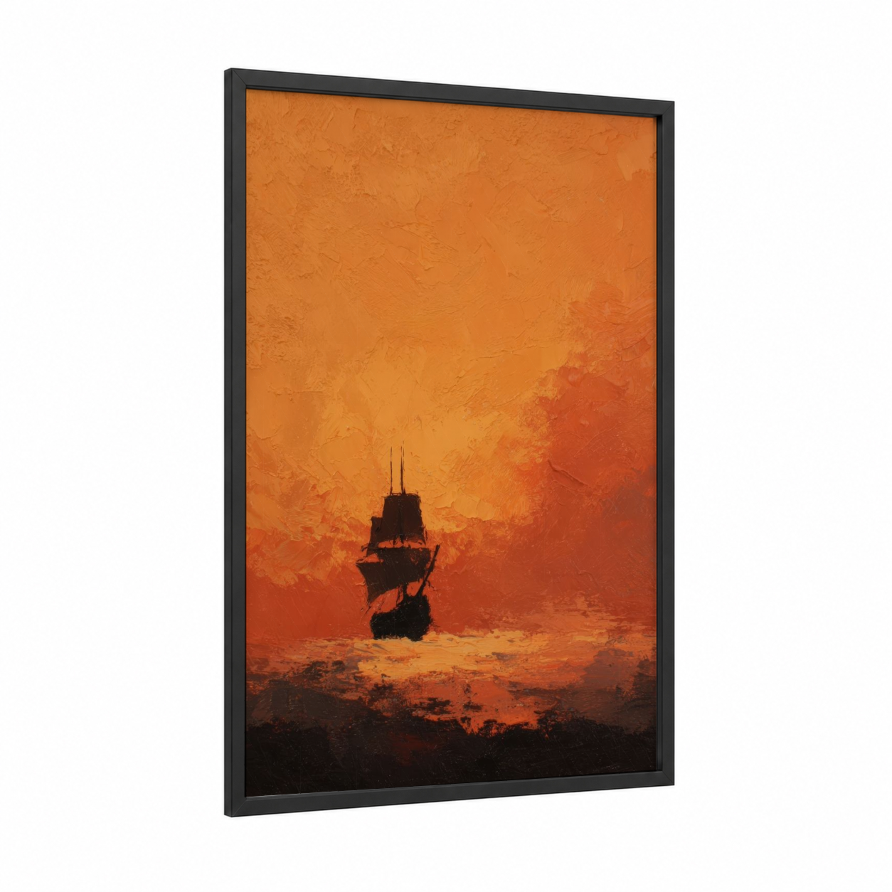 Golden Galleon Sunset framed old ships print — black wood frame — orange and gold palette