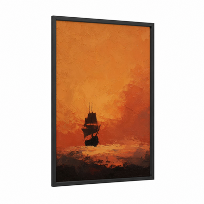 Golden Galleon Sunset framed old ships print — black wood frame — orange and gold palette