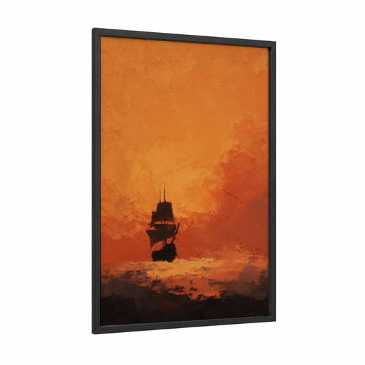 Golden Galleon Sunset framed old ships print — black wood frame — orange and gold palette