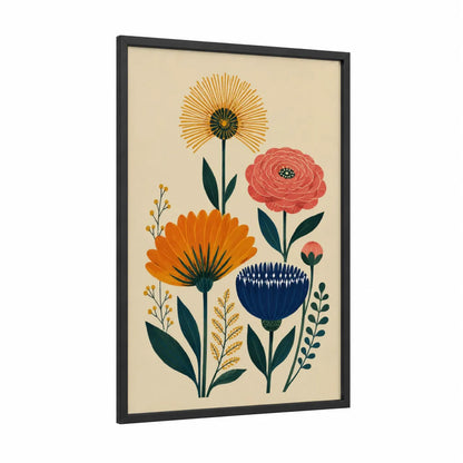 Retro Floral Garden Wall Art framed flower print — black wood frame — orange and beige palette