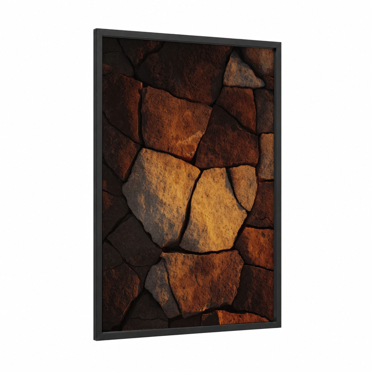 Golden Stone Mosaic framed natural stones print — black wood frame — yellow gold and russet palette