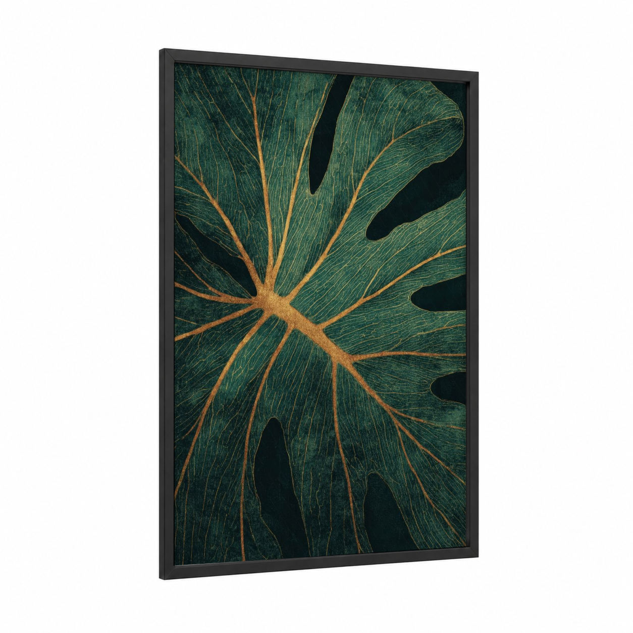 Emerald Monstera Detail framed leaf print — black wood frame — dark green and gold palette