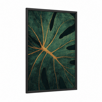 Emerald Monstera Detail framed leaf print — black wood frame — dark green and gold palette