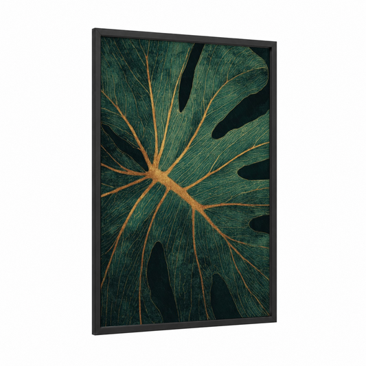 Emerald Monstera Detail framed leaf print — black wood frame — dark green and gold palette