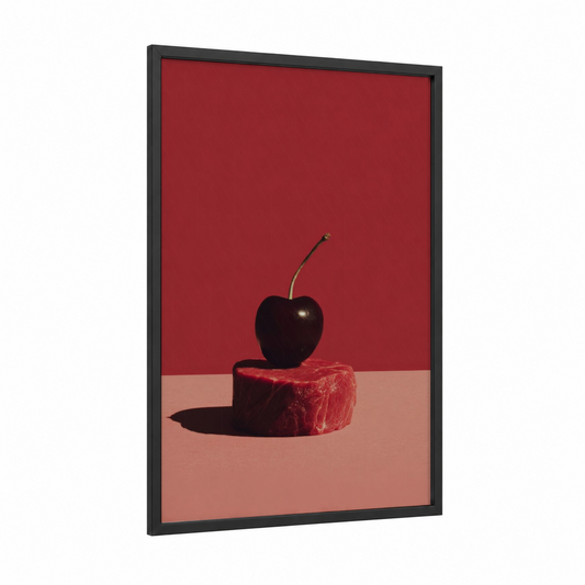 Cherry Surrealism framed meat print — black wood frame — maroon and red palette