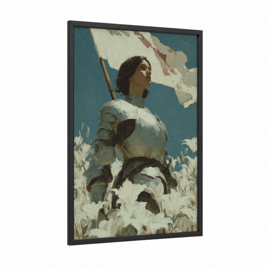 Victorious Maiden framed joan of arc print — black wood frame — blue and white and gold and white palette