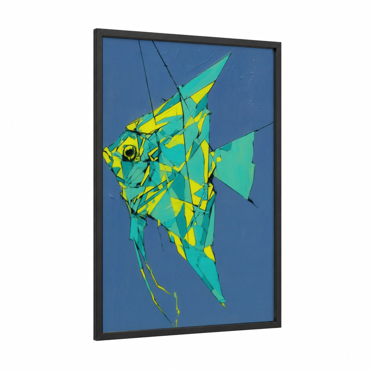 Geometric Angel Fish framed art print — black wood frame — blue and yellow palette