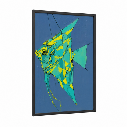 Geometric Angel Fish framed art print — black wood frame — blue and yellow palette