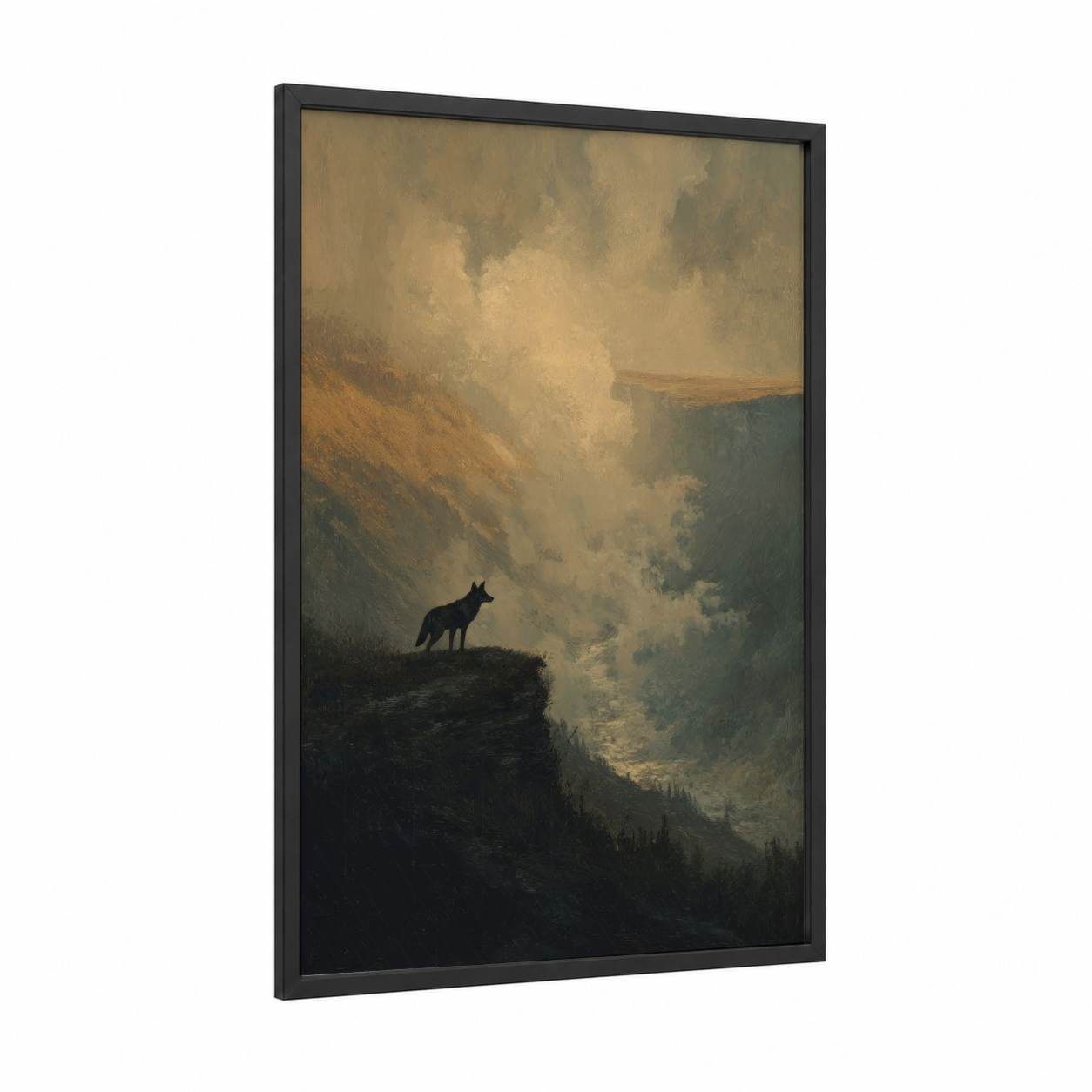 Solitary Coyote framed art print — black wood frame — gold and black palette