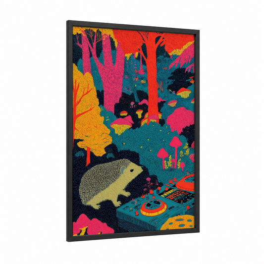 Neon Hedgehog framed art print — black wood frame — magenta and gold palette