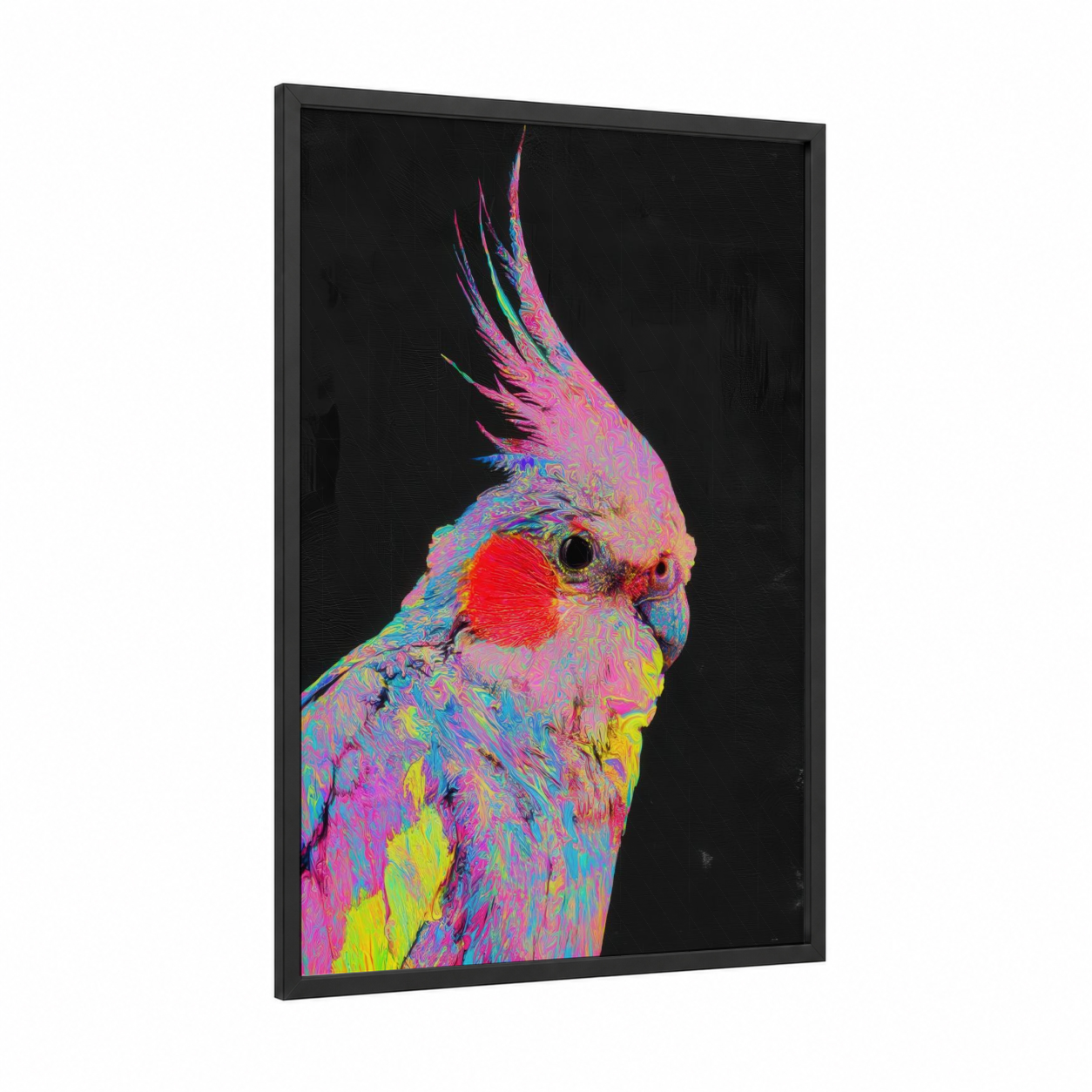 Neon Cockatiel framed art print — black wood frame — magenta and black palette